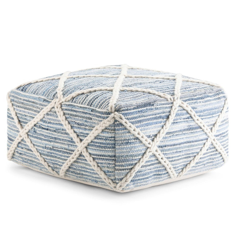 20" Blue and White Cotton and Wool Geometric Pouf Ottoman