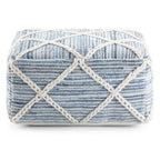 20" Blue and White Cotton and Wool Geometric Pouf Ottoman