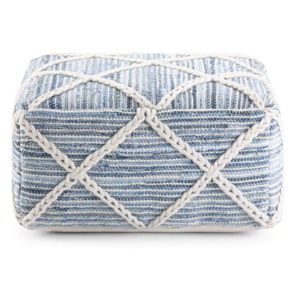20" Blue and White Cotton and Wool Geometric Pouf Ottoman