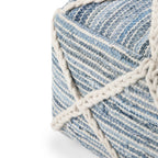 20" Blue and White Cotton and Wool Geometric Pouf Ottoman