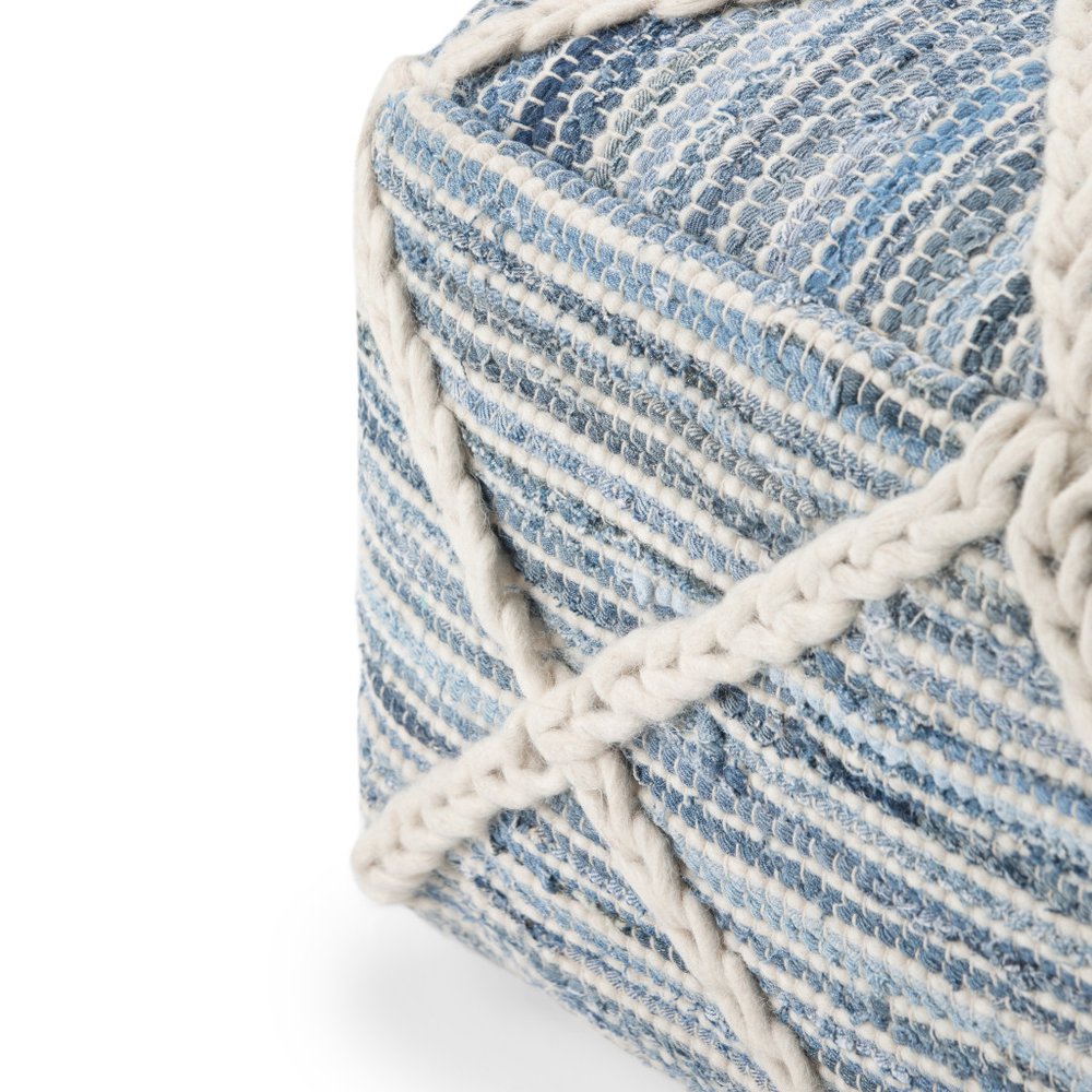 20" Blue and White Cotton and Wool Geometric Pouf Ottoman