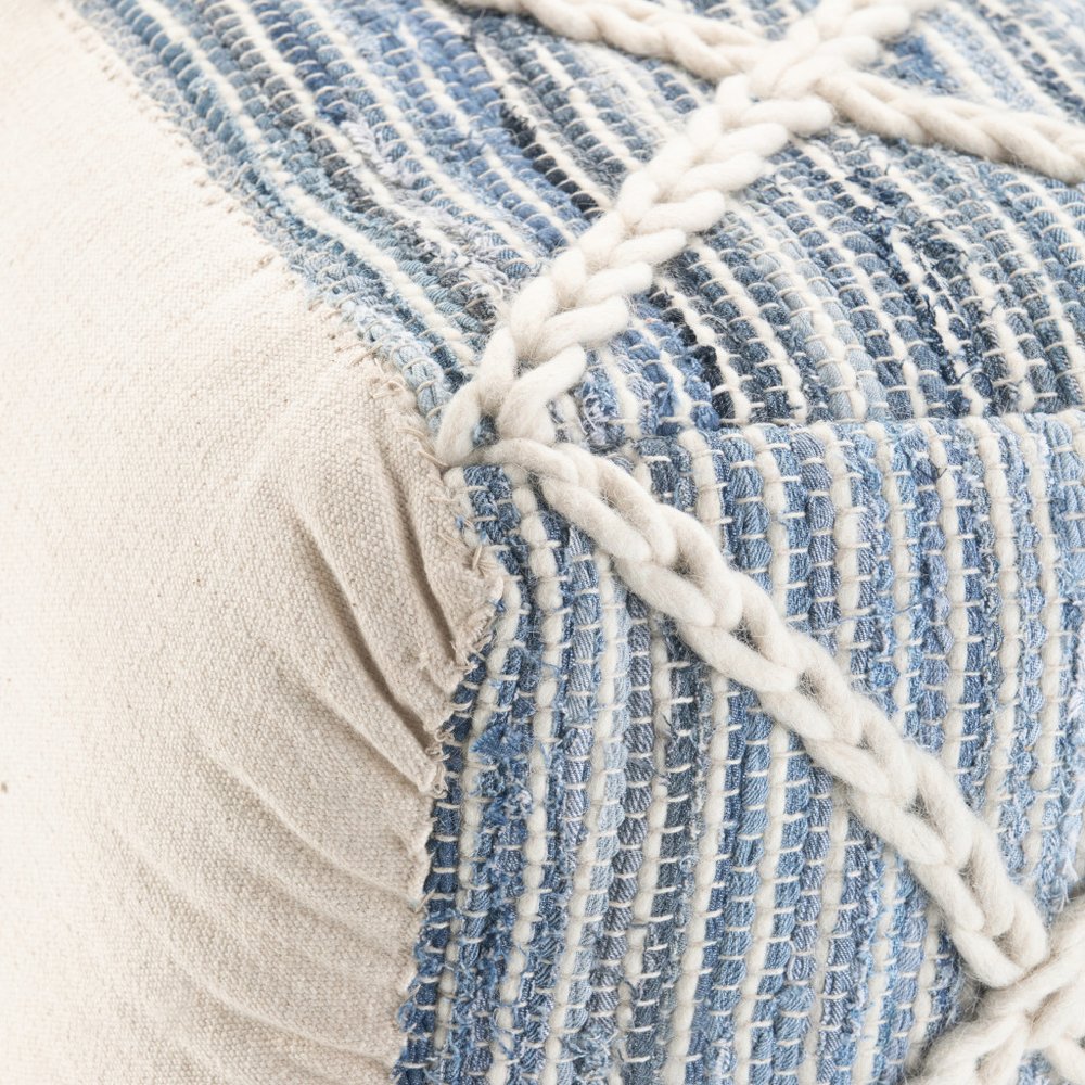 20" Blue and White Cotton and Wool Geometric Pouf Ottoman