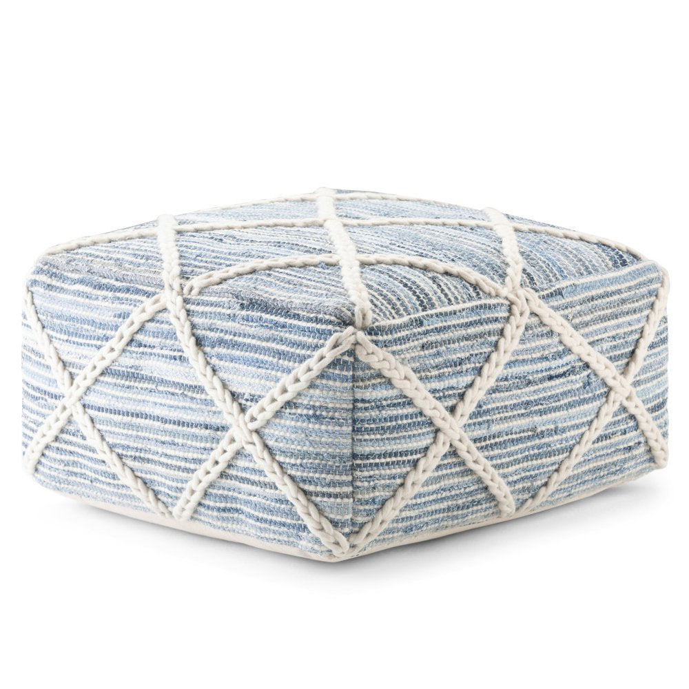 20" Blue and White Cotton and Wool Geometric Pouf Ottoman
