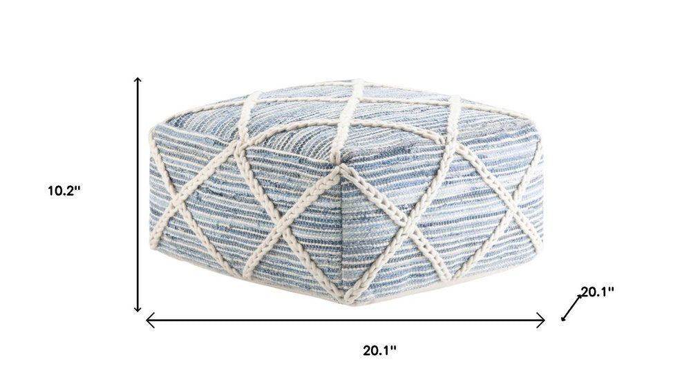 20" Blue and White Cotton and Wool Geometric Pouf Ottoman