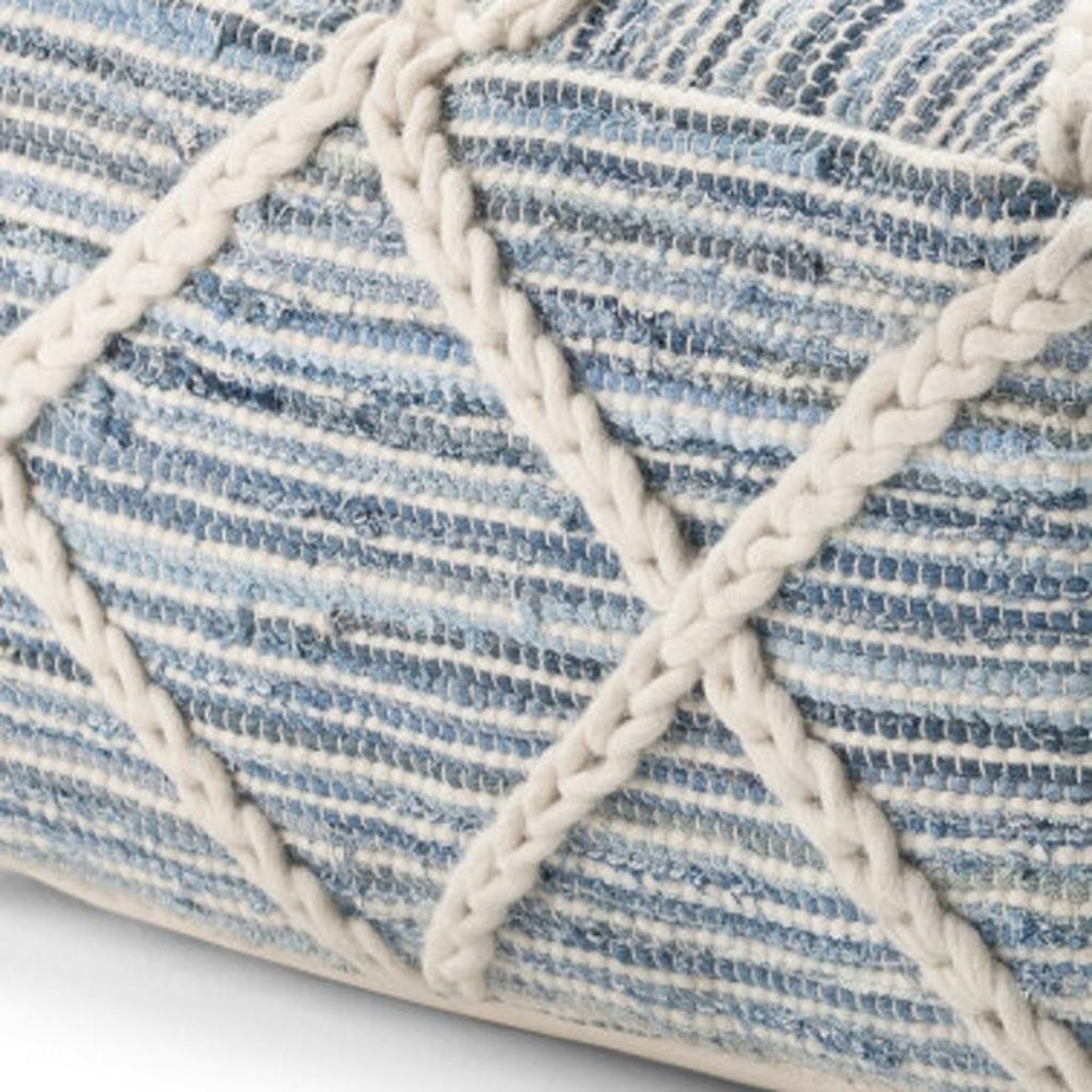20" Blue and White Cotton and Wool Geometric Pouf Ottoman