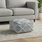 20" Blue and White Cotton and Wool Geometric Pouf Ottoman