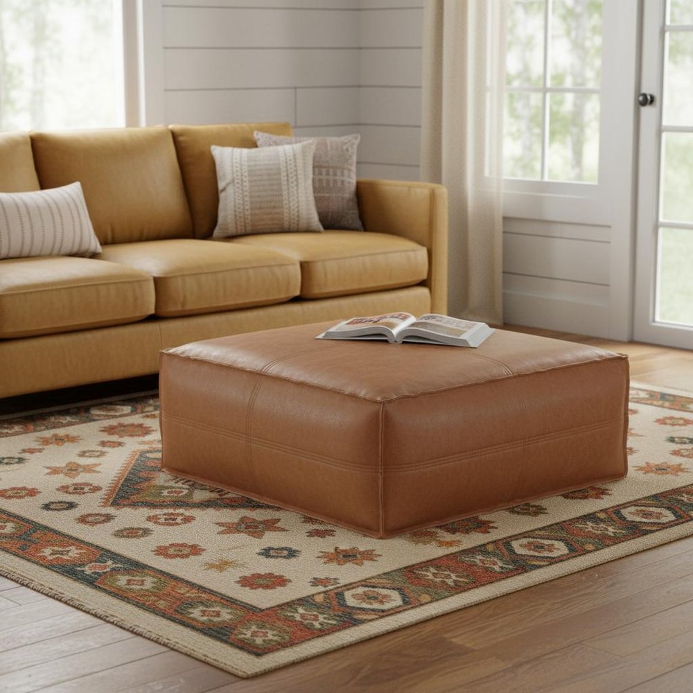 36" Dark Brown Faux Leather Pouf Ottoman