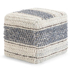 18" Blue Brown and Off White Cotton and Wool Striped Pouf Ottoman
