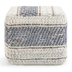 18" Blue Brown and Off White Cotton and Wool Striped Pouf Ottoman