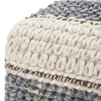 18" Blue Brown and Off White Cotton and Wool Striped Pouf Ottoman