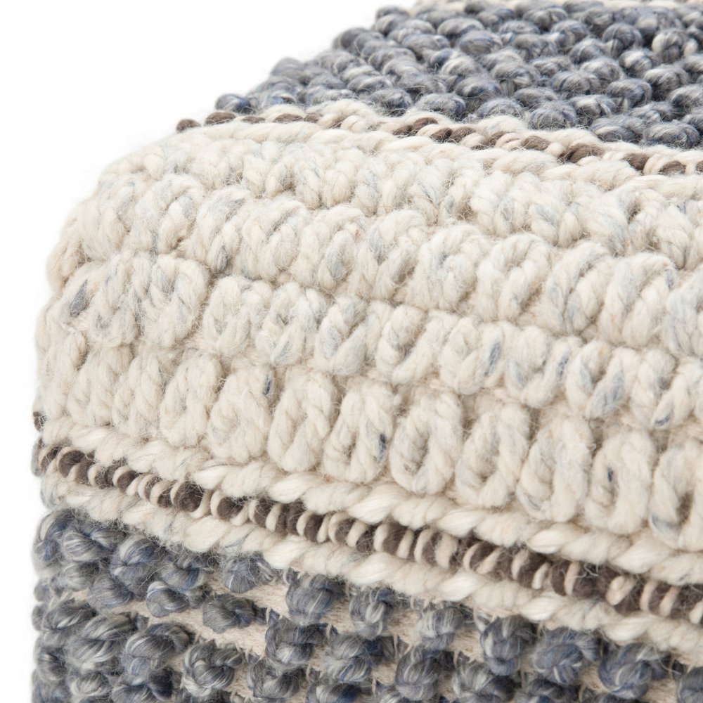 18" Blue Brown and Off White Cotton and Wool Striped Pouf Ottoman