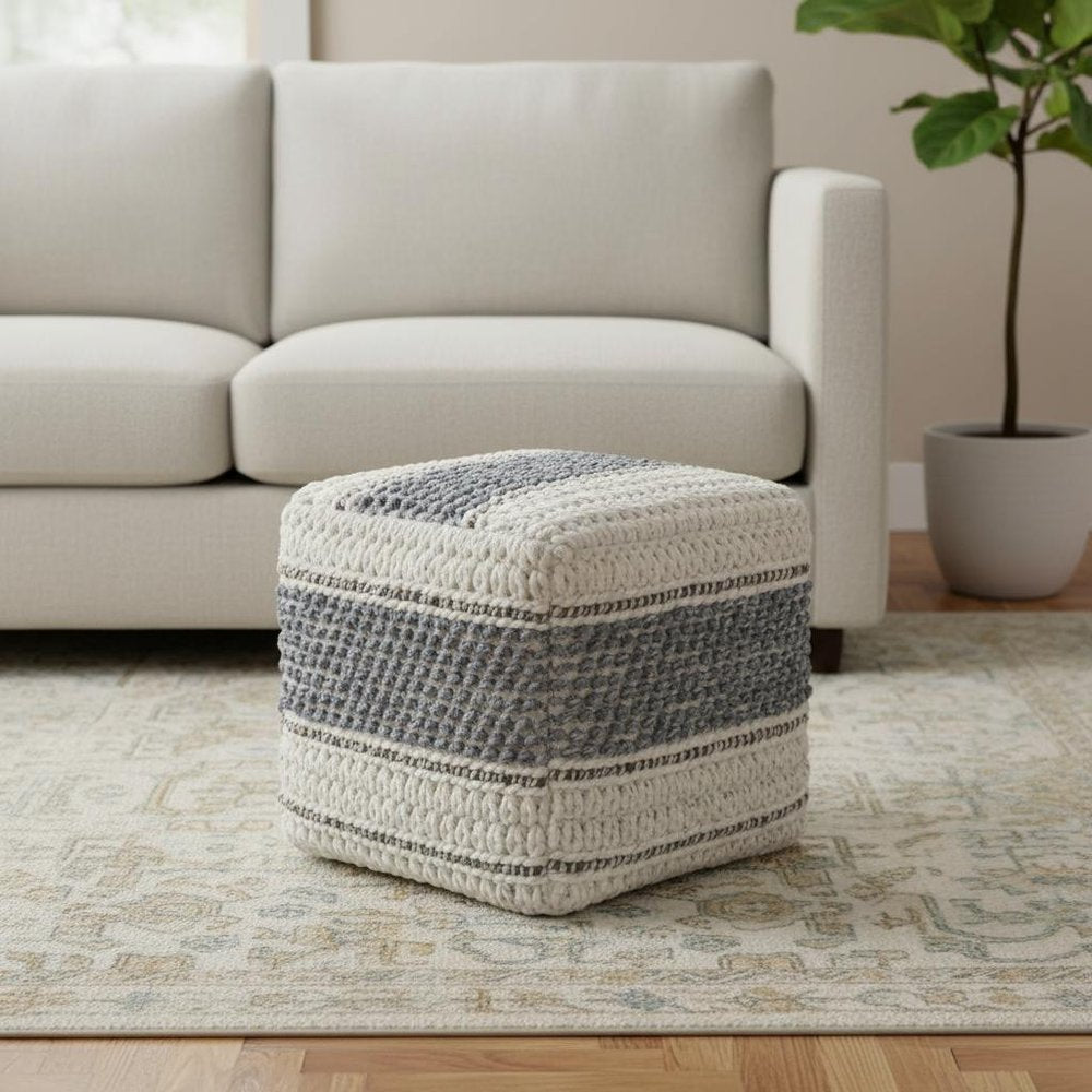 18" Blue Brown and Off White Cotton and Wool Striped Pouf Ottoman