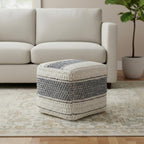 18" Blue Brown and Off White Cotton and Wool Striped Pouf Ottoman