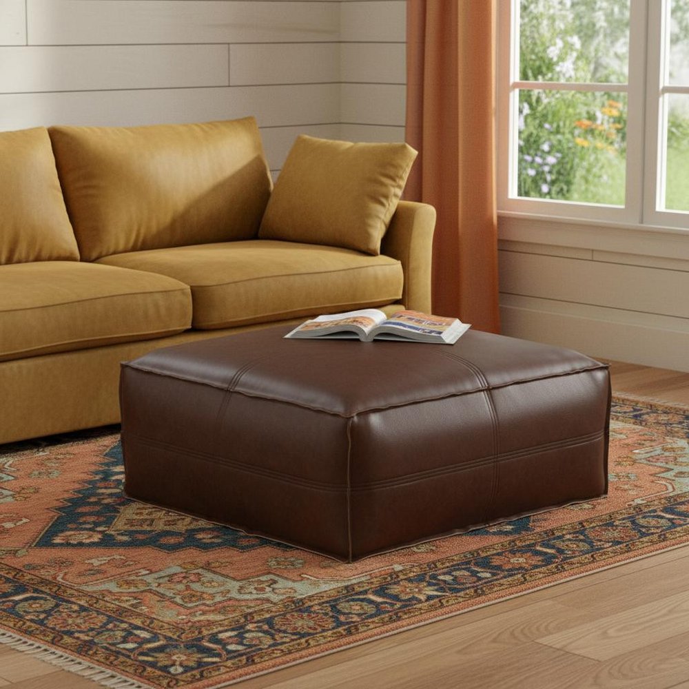 30" Dark Brown Faux Leather Pouf Ottoman