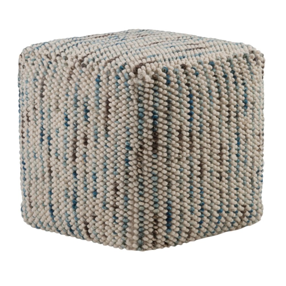 18" Blue and Cream Cotton and Wool Cube Pouf Ottoman