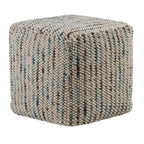 18" Blue and Cream Cotton and Wool Cube Pouf Ottoman