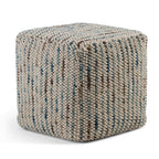 18" Blue and Cream Cotton and Wool Cube Pouf Ottoman