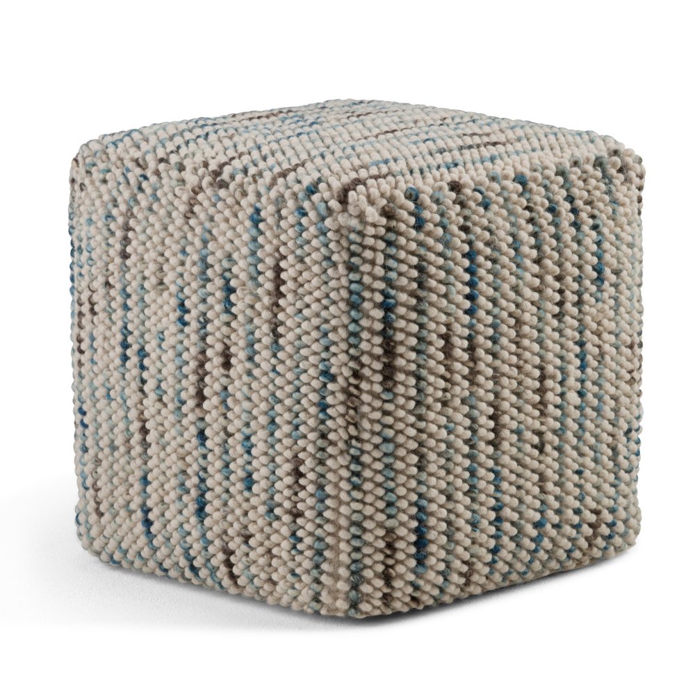18" Blue and Cream Cotton and Wool Cube Pouf Ottoman
