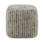 18" Blue and Cream Cotton and Wool Cube Pouf Ottoman