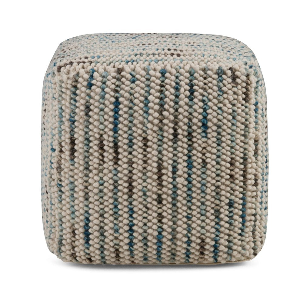 18" Blue and Cream Cotton and Wool Cube Pouf Ottoman