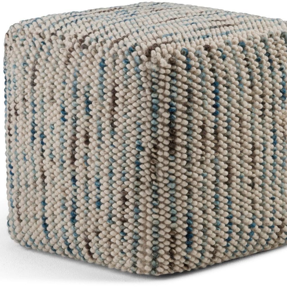 18" Blue and Cream Cotton and Wool Cube Pouf Ottoman