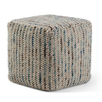 18" Blue and Cream Cotton and Wool Cube Pouf Ottoman