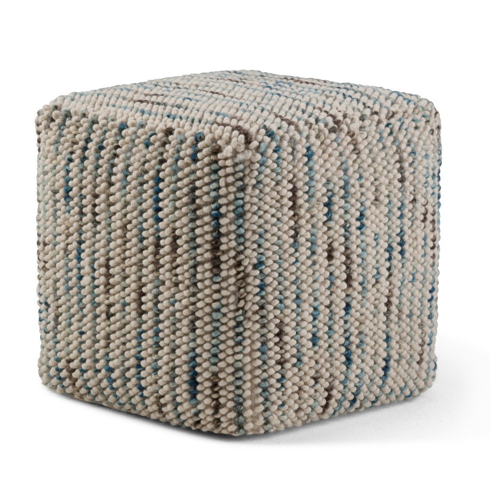 18" Blue and Cream Cotton and Wool Cube Pouf Ottoman