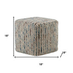 18" Blue and Cream Cotton and Wool Cube Pouf Ottoman