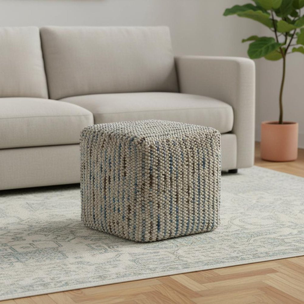 18" Blue and Cream Cotton and Wool Cube Pouf Ottoman