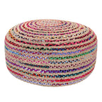 30" Blue Natural and Red Jute and Cotton Striped Round Pouf Ottoman
