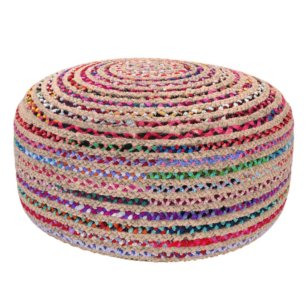 30" Blue Natural and Red Jute and Cotton Striped Round Pouf Ottoman