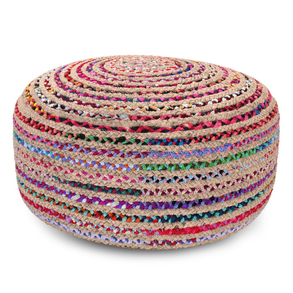 30" Blue Natural and Red Jute and Cotton Striped Round Pouf Ottoman