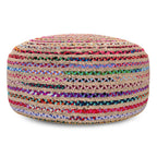 30" Blue Natural and Red Jute and Cotton Striped Round Pouf Ottoman