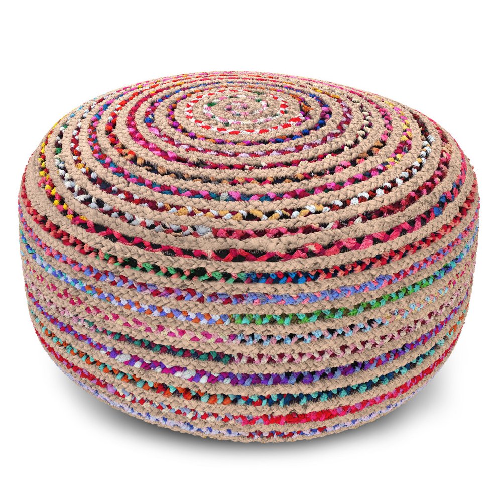 30" Blue Natural and Red Jute and Cotton Striped Round Pouf Ottoman