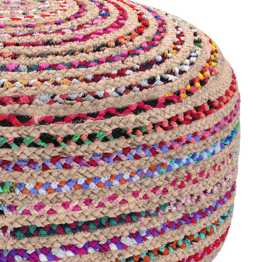 30" Blue Natural and Red Jute and Cotton Striped Round Pouf Ottoman