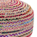 30" Blue Natural and Red Jute and Cotton Striped Round Pouf Ottoman
