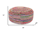 30" Blue Natural and Red Jute and Cotton Striped Round Pouf Ottoman