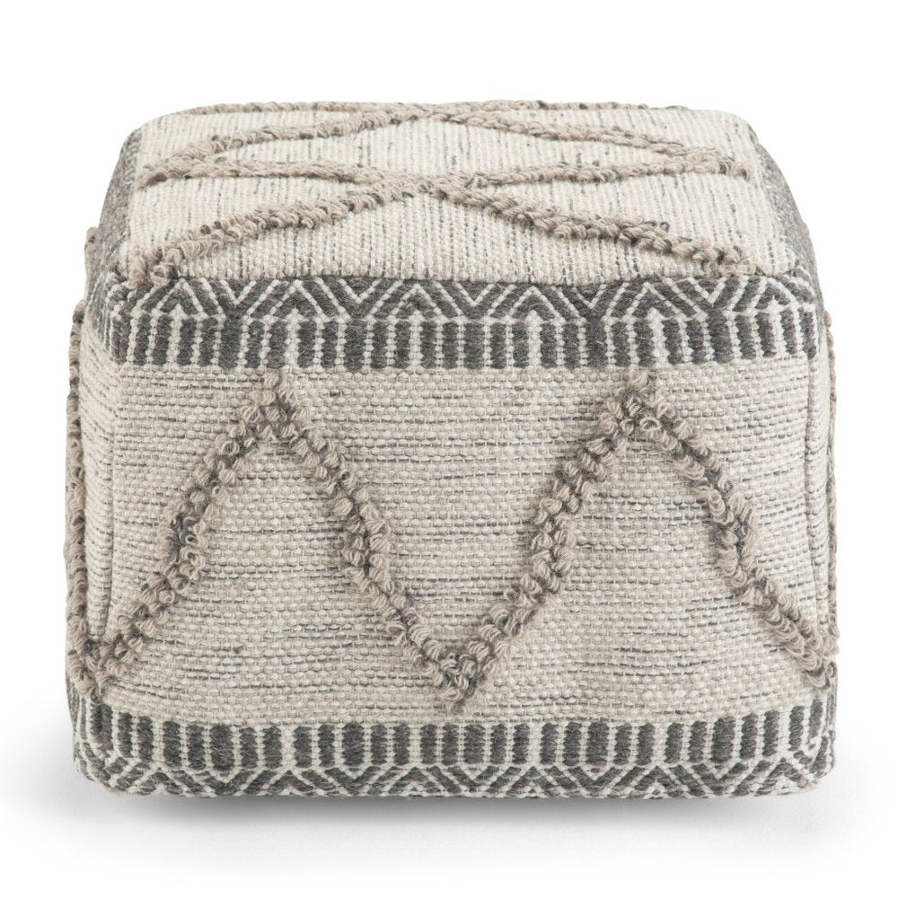 18" Gray and Tan Cotton and Wool Geometric Pouf Ottoman