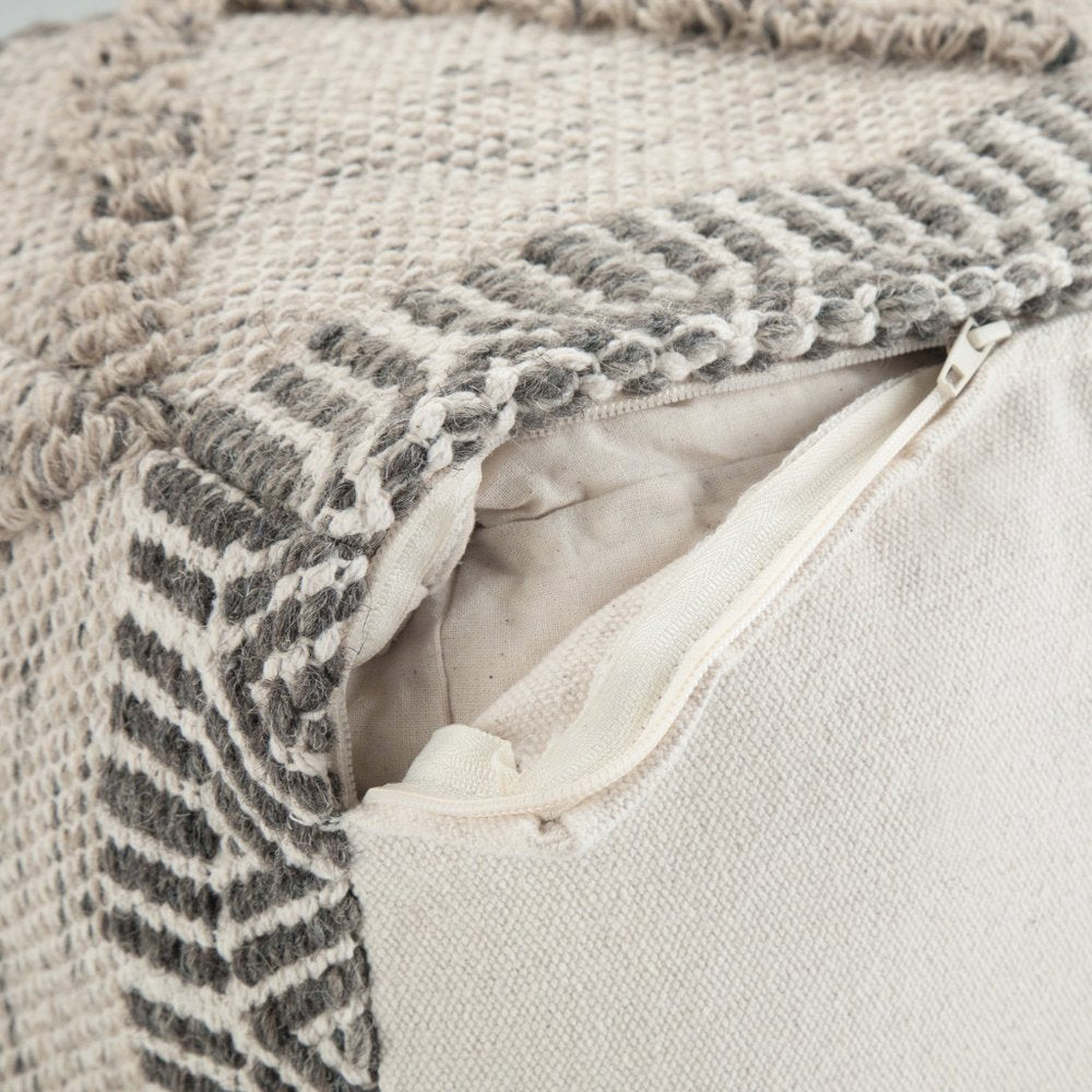 18" Gray and Tan Cotton and Wool Geometric Pouf Ottoman