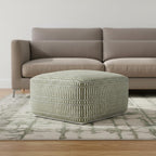 20" Natural And White Polyester Geometric Outdoor Pouf Ottoman