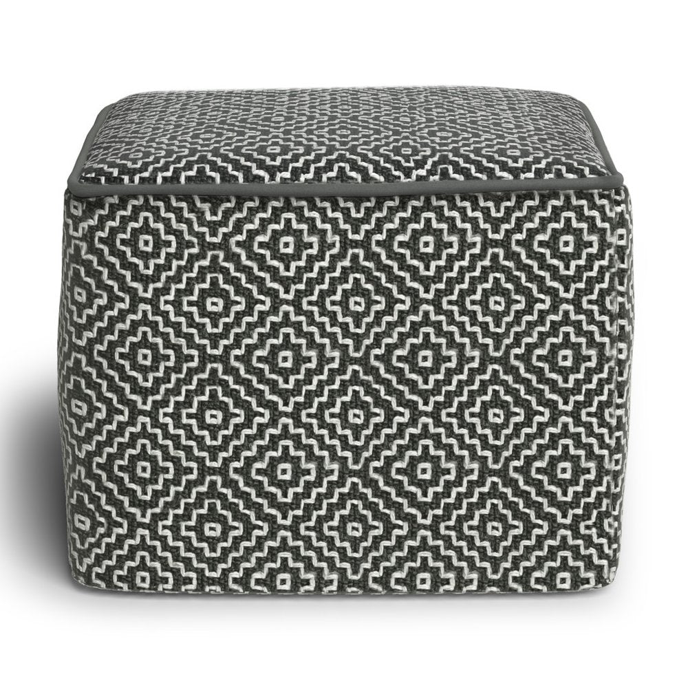 18" Gray And White Polyester Geometric Outdoor Pouf Ottoman