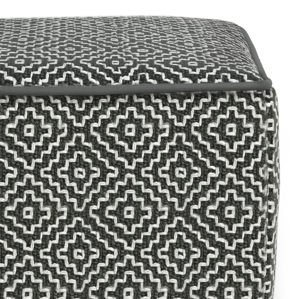 18" Gray And White Polyester Geometric Outdoor Pouf Ottoman