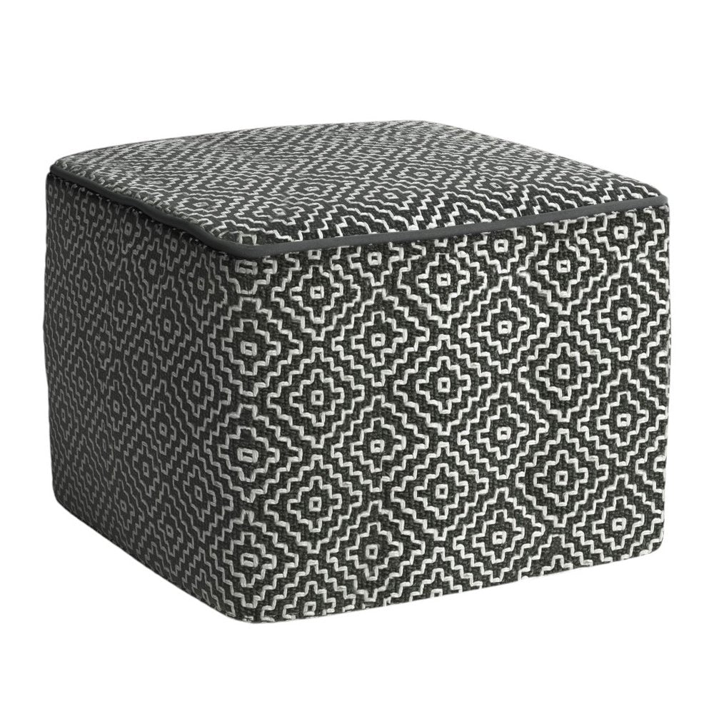 18" Gray And White Polyester Geometric Outdoor Pouf Ottoman