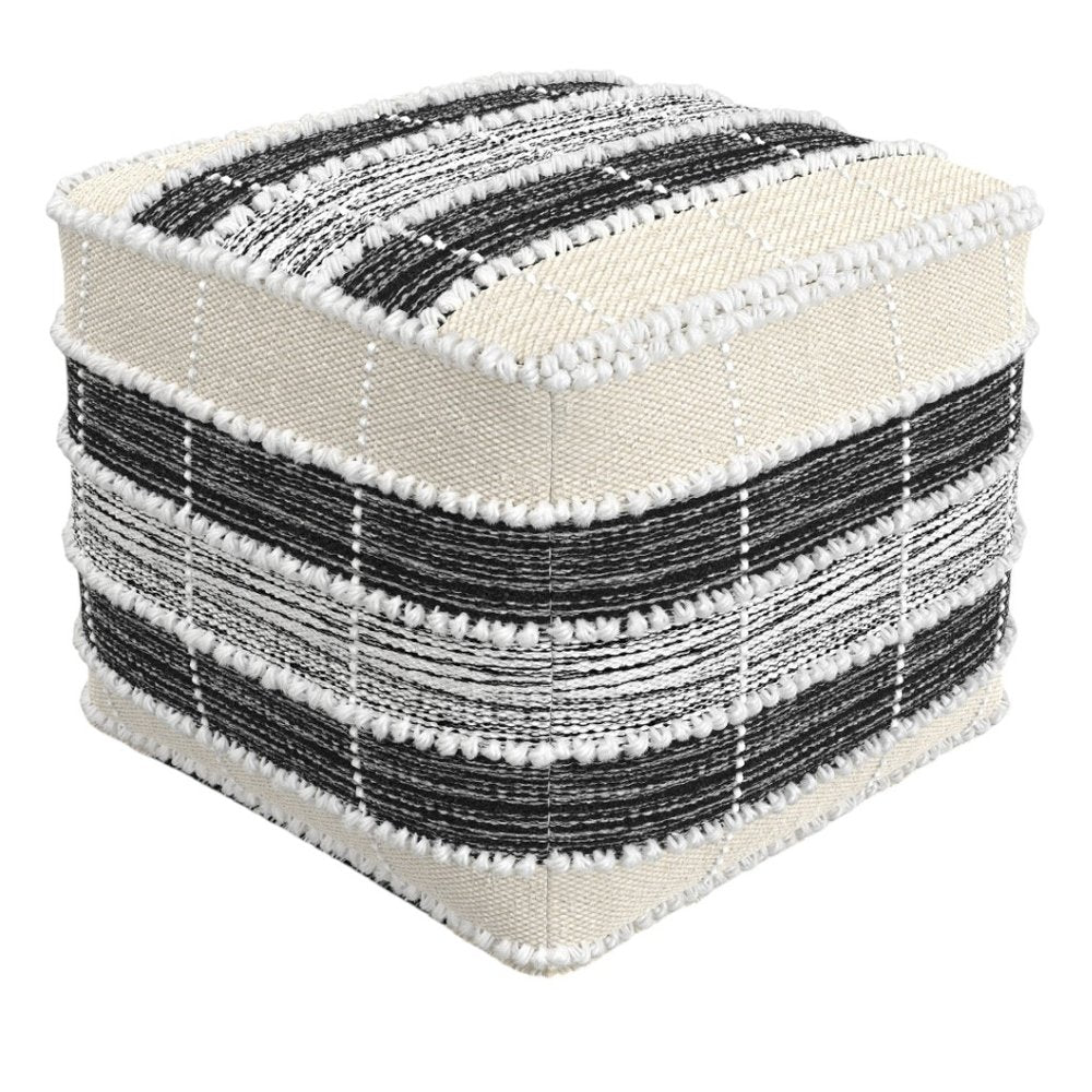 18" Beige Black and White Upholstery Striped Pouf Ottoman