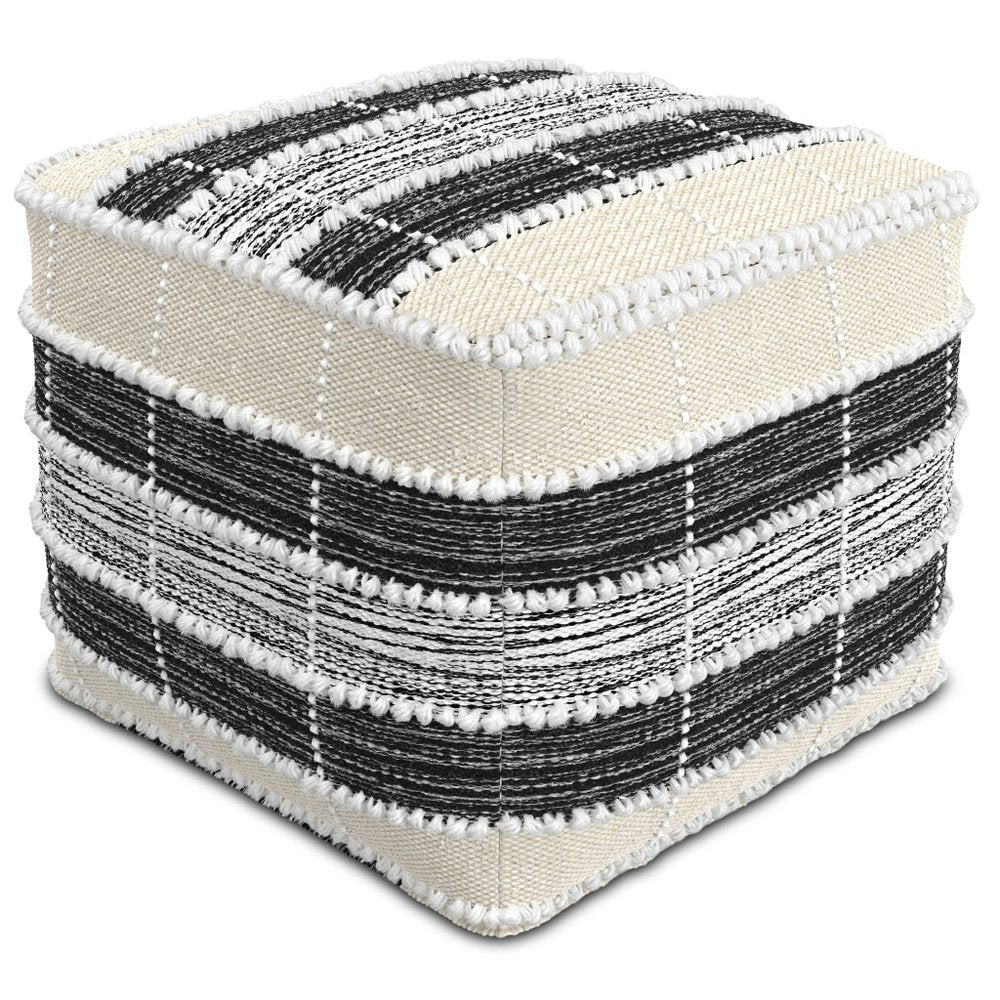 18" Beige Black and White Upholstery Striped Pouf Ottoman