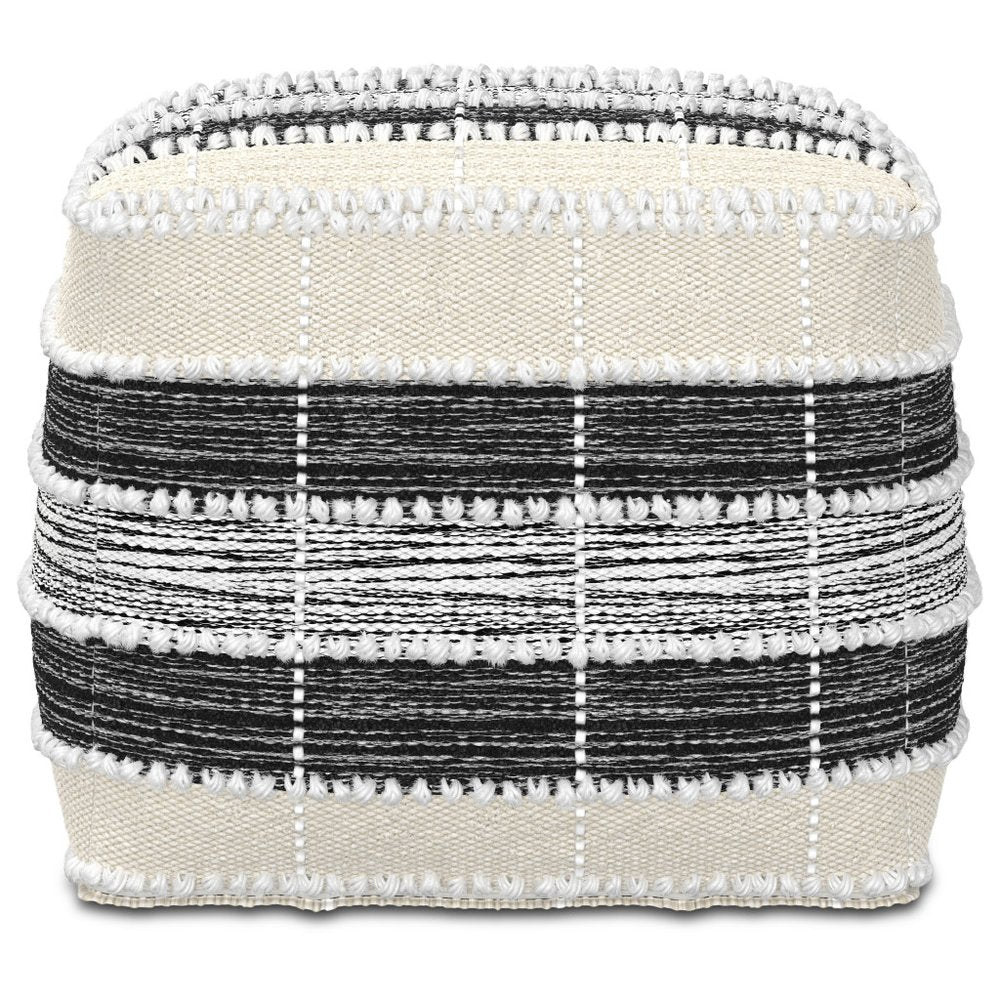 18" Beige Black and White Upholstery Striped Pouf Ottoman