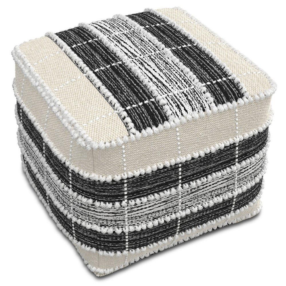 18" Beige Black and White Upholstery Striped Pouf Ottoman