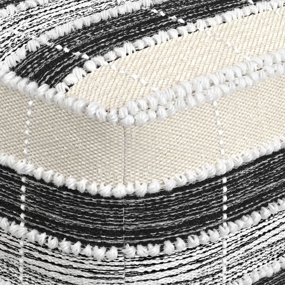 18" Beige Black and White Upholstery Striped Pouf Ottoman