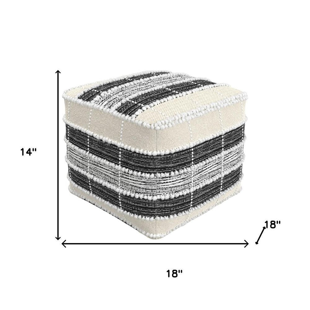 18" Beige Black and White Upholstery Striped Pouf Ottoman