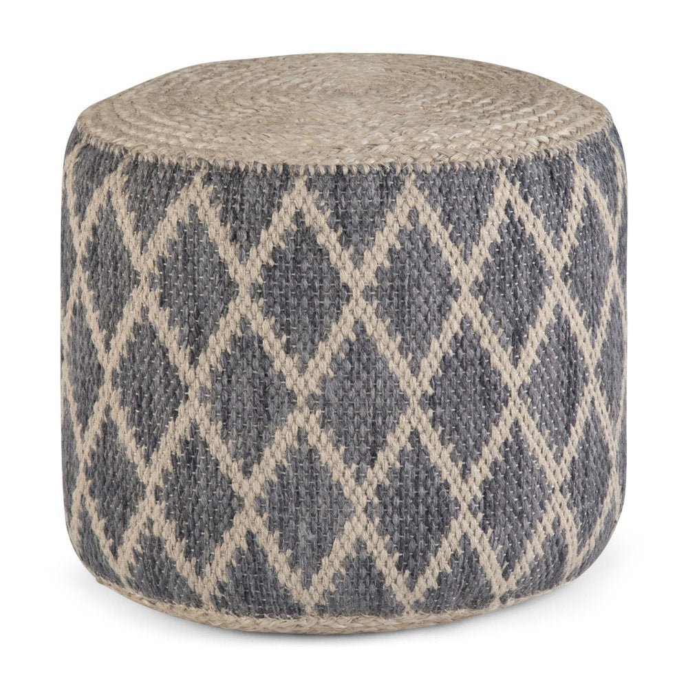 18" Gray Natural and Tan Jute and Cotton Geometric Round Pouf Ottoman